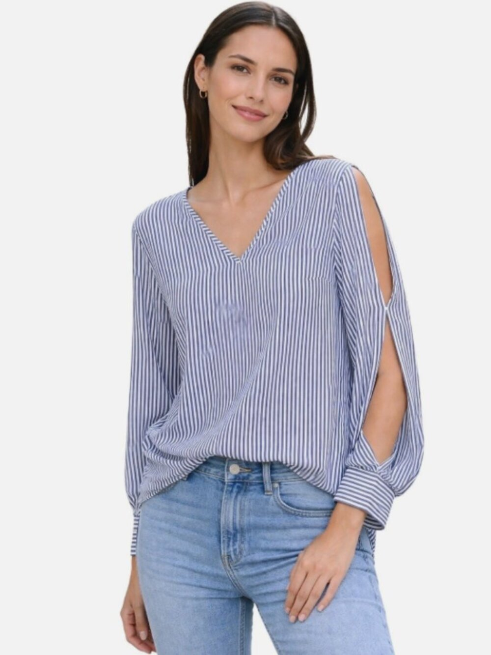Banana Republic Blue White Striped Open Sleeve V Neck Blouse Women's Medium